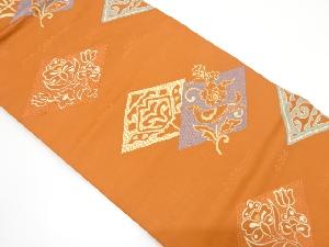 菱に花鳥模様織り出し　名古屋帯